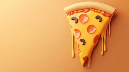 Poster - Delicious pizza slice with vibrant toppings and cheese drips on minimalist background, creating a tempting visual treat. Generative AI
