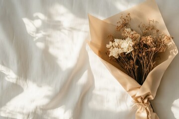 Aufkleber - The image shows a sunlit bouquet of dried flowers laid on a soft fabric background, capturing the interplay of light and shadow to create an artistic and serene ambiance.