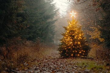 Aufkleber - A brightly lit Christmas tree stands on a forest path, creating a whimsical and serene atmosphere with its warm glow amidst the natural surroundings at dusk.