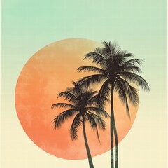 Poster - Palm trees silhouette under a radiant sun with pastel orange and blue gradient background for minimalist design. Generative AI
