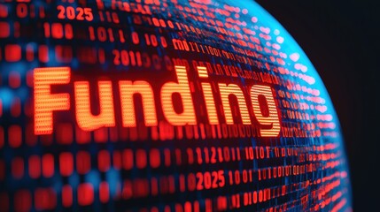 Poster - Global business funding is highlighted by red binary code on a rotating globe suggesting worldwide venture capital and investment opportunities