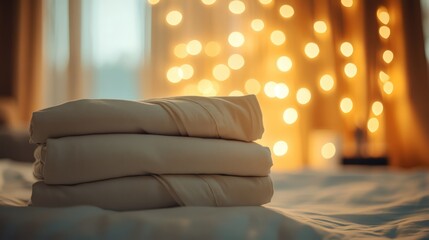 Poster - Clean folded bedding sheets stacked elegantly in softly blurred bedroom setting with warm bokeh lights in the background creating a cozy ambiance
