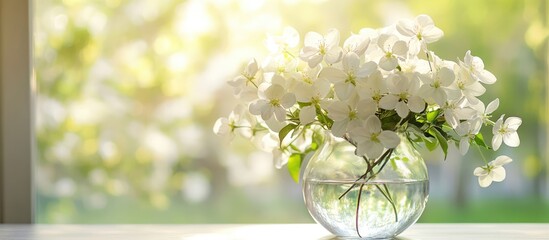 Poster - Elegant white apple blossom bouquet in a glass vase illuminating a softly lit modern interior with a serene atmosphere and vertical composition