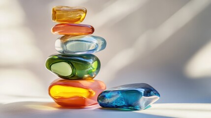 Poster - Colorful translucent stones stacked artistically with soft focus and light reflections isolated on white background for creative design concepts