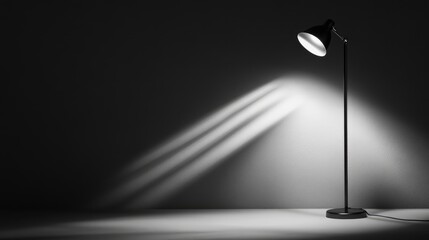 Poster - Modern standing lamp casting dramatic shadows on a dark background highlighting sleek design and artistic lighting effects.