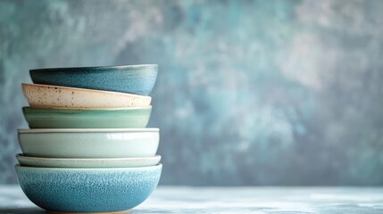 Poster - Stack of decorative bowls in varying shades against a textured background with ample space for typography or additional design elements