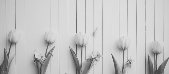 Poster - Spring tulips in monochrome arrangement on white wooden surface adding elegance and tranquility to your floral collection.