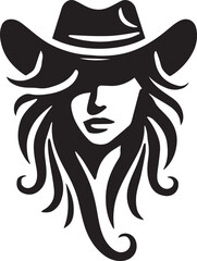 Wall Mural - Cowgirl wearing hat style logo vector, woman face vector illustration, Cowgirl silhouette vector icon black and white