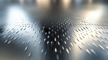 Poster - Stainless steel surface with water droplets reflecting light in a contemporary setting showcasing metal texture and visual depth