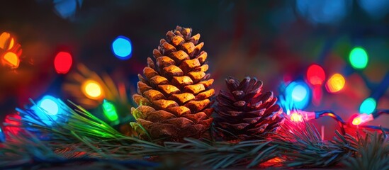 Poster - Festive spruce and pine cones adorned with vibrant tinsel and colorful bokeh lights creating a cheerful Christmas ambiance