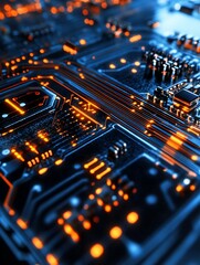 Aufkleber - Futuristic Circuit Board with Glowing Blue and Orange Digital Pathways : Generative AI