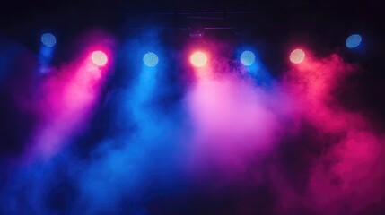 Poster - Colorful stage lights with vibrant spotlights and smoke creating an atmospheric concert and theatre backdrop for captivating performances