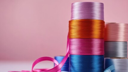 Poster - Colorful ribbon bobbins stacked creatively on a soft pastel background for crafting and sewing inspired projects and ideas.
