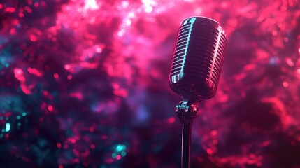 Poster - Vintage microphone illuminated by colorful abstract lights, perfect for music events or creative presentations.