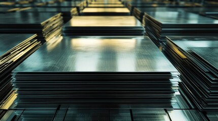 Poster - Stacked stainless steel sheets in industrial setting showcasing texture and reflections under soft lighting.