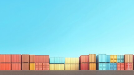 Poster - Colorful shipping containers stacked against a clear blue sky at a warehouse highlighting transportation and logistics operations.