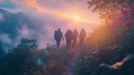 Hikers Journey Through Misty Mountain Sunset