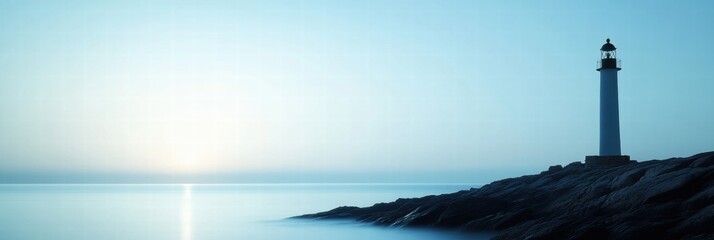 Fototapete - Silhouette of a lighthouse at dawn on a rocky coast with minimalist design and ample space for text. Generative AI
