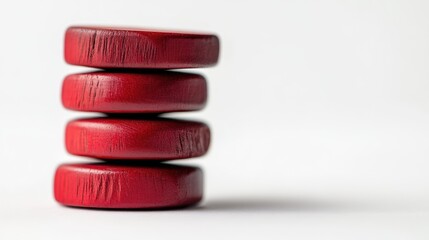 Poster - Red wooden discs stacked neatly on a clean white background showcasing simplicity and elegance in design elements for creative projects.