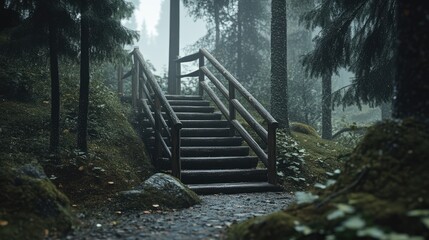 Poster - Forest staircase with wooden railing surrounded by lush greenery and misty atmosphere, ideal for nature and tranquility imagery.