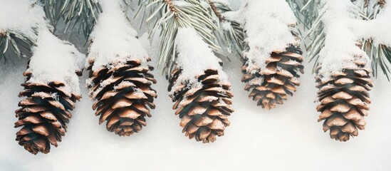 Wall Mural - snow-covered spruce cones arranged elegantly on a white background showcasing the beauty of winter n