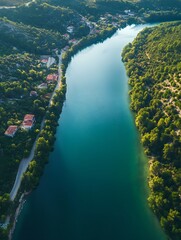 Poster - River Meandering Through Verdant Hillside with Picturesque Surrounding Villages : Generative AI