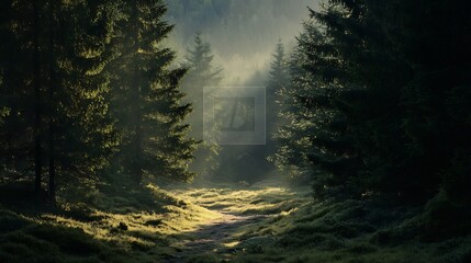 Poster - Enchanting Sunlit Forest Path with Lush Greenery and Tall Majestic Trees : Generative AI