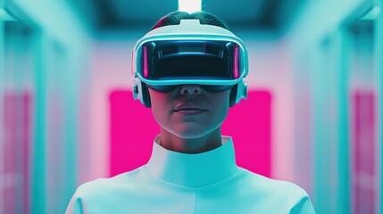 Poster - Scientist wearing a vr headset explores a futuristic corridor, analyzing growth data in augmented reality, showcasing business innovation