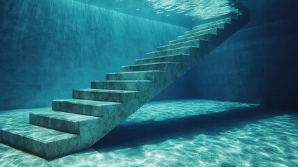 Poster - Underwater View of Concrete Steps Leading Up from the Bottom of a Swimming Pool with Reflections and Light Patterns