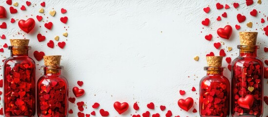 Poster - Vibrant red and golden heart decorations in bottles create a romantic backdrop with space for text on a white textured surface