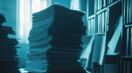 Poster - Stack of papers in an office setting illuminated by soft blue lighting creating a moody atmosphere reflecting organization or documentation themes