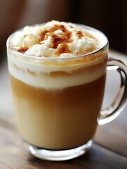 Aufkleber - Aesthetic Closeup of a Frothy Cinnamon Topped Latte in a Transparent Mug : Generative AI