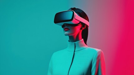 Poster - Businesswoman wearing virtual reality headset explores growth data in augmented reality, showcasing futuristic business innovation