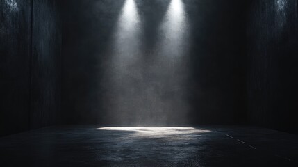 Poster - Stage lighting effect showcasing dramatic beams of light in a dark empty space creating an atmosphere for performances and events