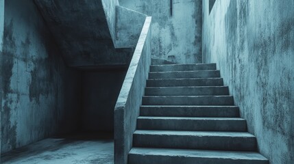Poster - Interior concrete staircase in an abandoned building featuring a modern architectural design and a cool color palette.