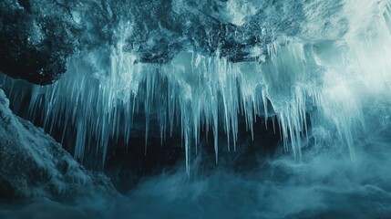 Wall Mural - Majestic blue stalactites hanging from the ceiling of a mysterious ice cave creating an enchanting winter landscape