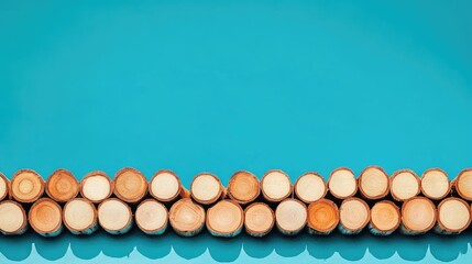 Poster - Wooden logs arranged in a row against a vibrant blue background showcasing natural timber textures and ecological concepts