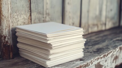 Poster - Stack of blank business cards resting on rustic wooden surface ideal for branding or networking concepts