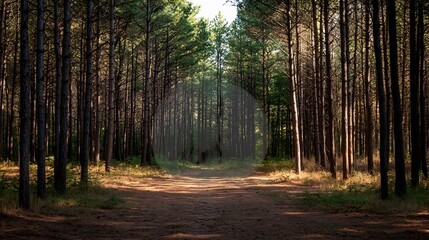 Poster - Serene Woodland Pathway Surrounded by Tall Pines in Natural Forest : Generative AI