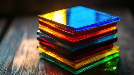 Poster - Stack of vibrant stained glass pieces for artistic creativity on a wooden surface illuminated by natural light