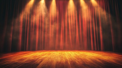 Poster - Dramatic stage lighting creating ambiance with soft focus and warm tones illuminating wooden floor and red velvet curtains.