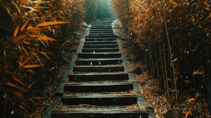 Poster - Serene staircase winding through a vibrant bamboo forest with atmospheric lighting and lush greenery in tranquil natural setting