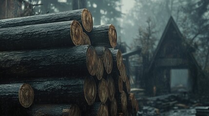Poster - Stacks of Freshly Cut Tree Logs Ready for Processing at an Abandoned Sawmill in a Forested Area