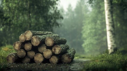 Poster - Stack of tree logs resting on a forest path surrounded by greenery and tall trees creating a serene nature atmosphere.