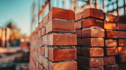 Poster - Stack of red bricks arranged for building construction with a warm sunlight background highlighting the texture and structure of the bricks