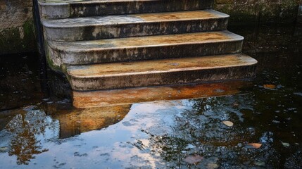 Poster - Stairway with Water Reflection Creating an Artistic Reflection in a Serene Natural Setting