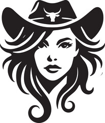 Wall Mural - Cowgirl wearing hat style logo vector, woman face vector illustration, Cowgirl silhouette vector icon black and white