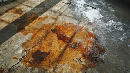 Poster - Rusty stains on worn concrete floors illuminated by sunlight showcasing texture and imperfections in an industrial setting