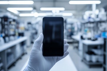 Leinwandbilder - A gloved hand holding a smartphone in a cutting-edge lab, illustrating technology's integration with scientific research and the pursuit of innovation and precision.