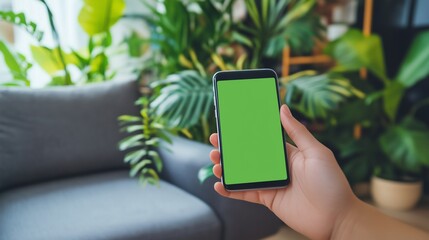 person holding smartphone with green screen in cozy living room.